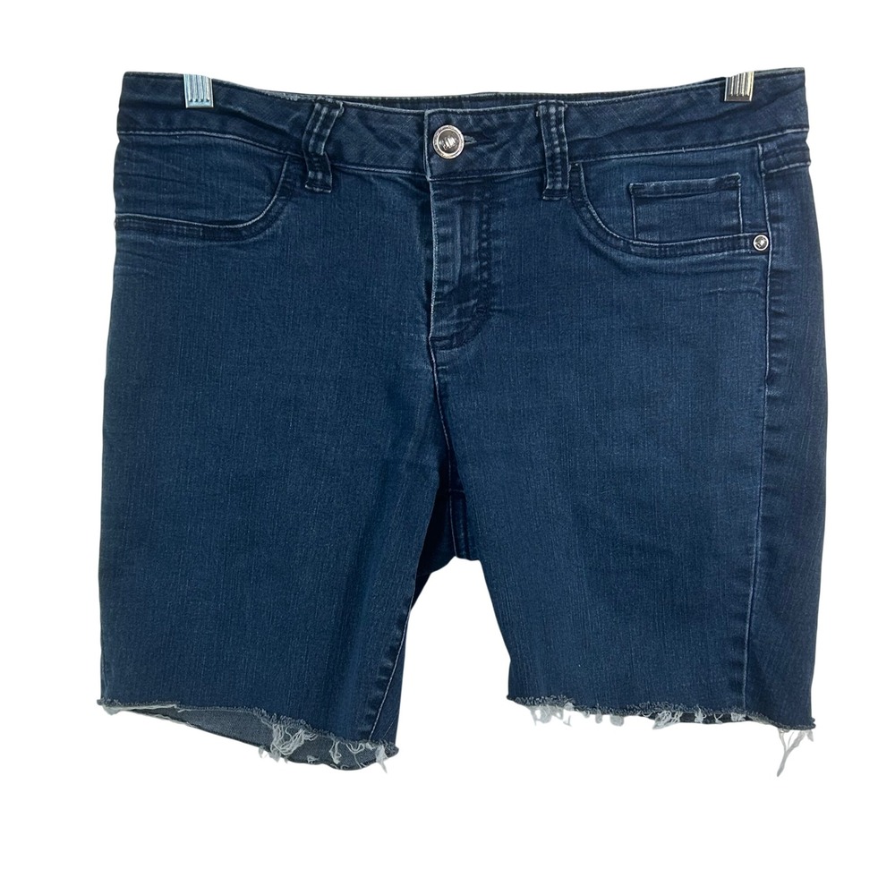 Elle Womens Dark Wash Raw Hem Denim Shorts Size 12R Stretch Cut Offs Mid Rise